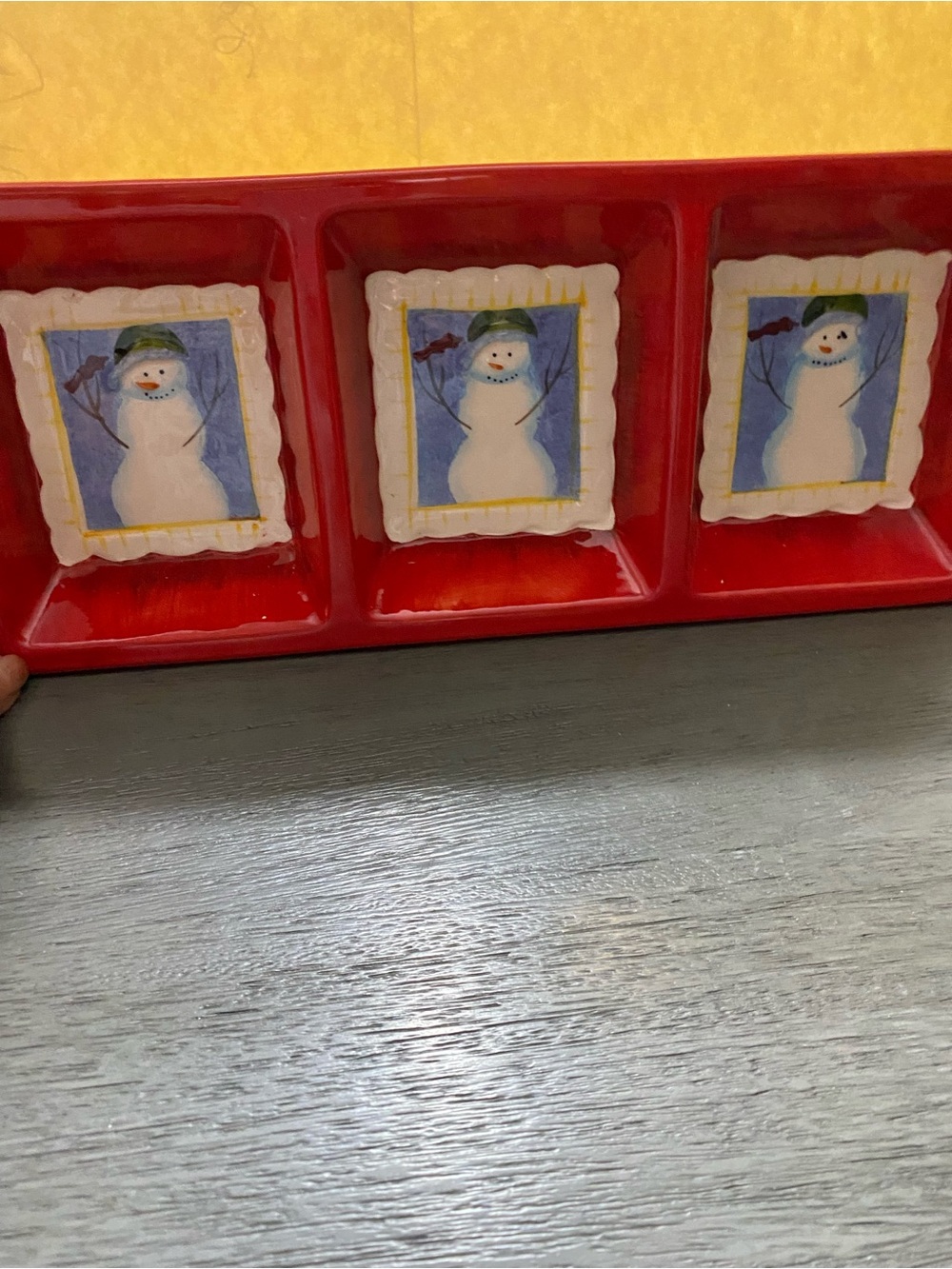 Red Snowman Ceramic Triple Dish Holiday Decor